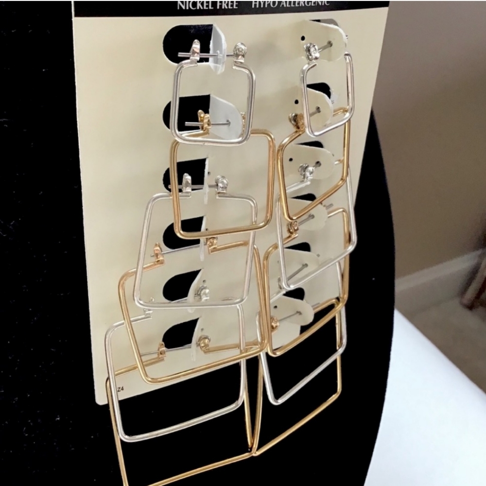 NWTs! Square Hoop Earrings W Saddle Backs Small-large Silver-toned + Gold-toned - Picture 2 of 5